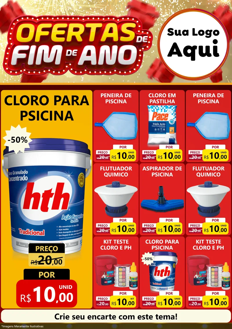 Modelo de Encarte para Encarte A4 Vertical com o tema Ofertas de Fim de Ano para Produtos para Piscina