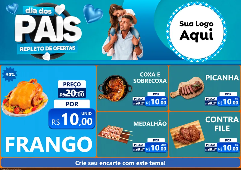 Modelo de Encarte para Encarte A4 Horizontal com o tema Dia Dos Pais Repleto de Ofertas para Assados