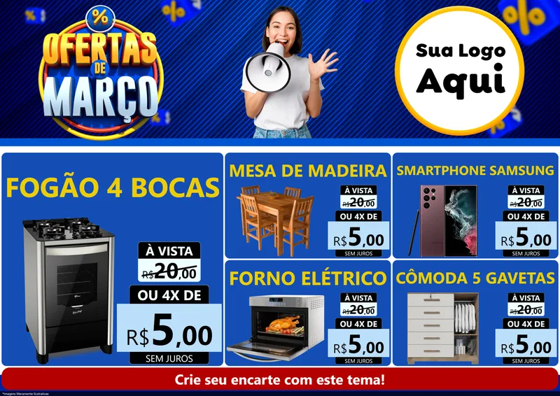 Modelo de Encarte para Encarte A4 Horizontal com o tema Ofertas de Março para Móveis e Eletro