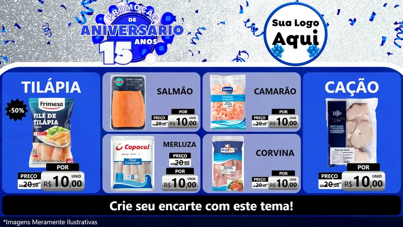 Modelo de TV para TV Horizontal com o tema Promoção de Aniversário - 15 Anos para Peixaria