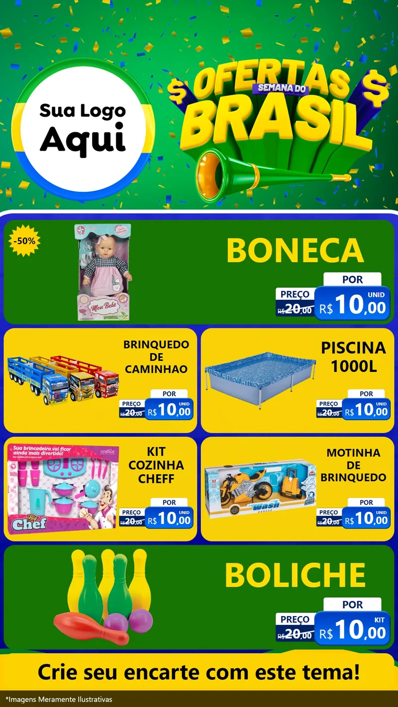 Modelo de TV para TV Vertical com o tema Ofertas Semana do Brasil para Brinquedos