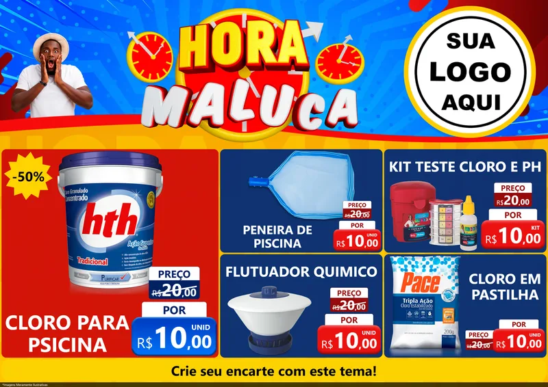 Modelo de Encarte para Encarte A4 Horizontal com o tema Hora Maluca para Produtos para Piscina