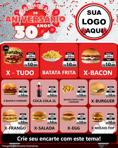 Modelo de Rede Social para Feed Instagram com o tema Promoção de Aniversário - 30 Anos para Hamburgueria