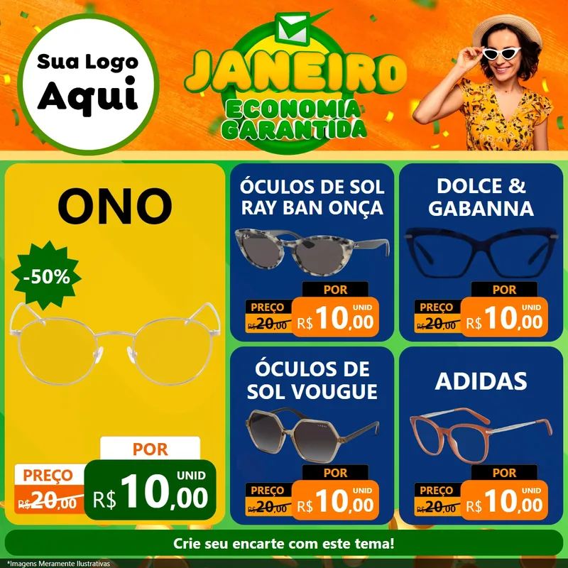 Modelo de Rede Social para Feed Facebook com o tema Janeiro - Economia Garantida para Óticas