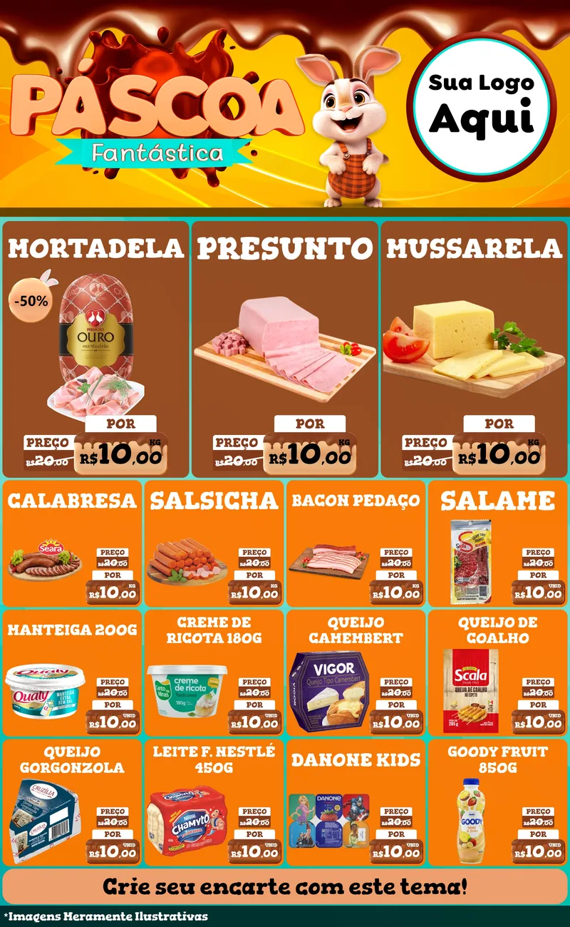 Modelo de Encarte para Encarte Grande com o tema Páscoa Fantástica para Frios e Laticínios