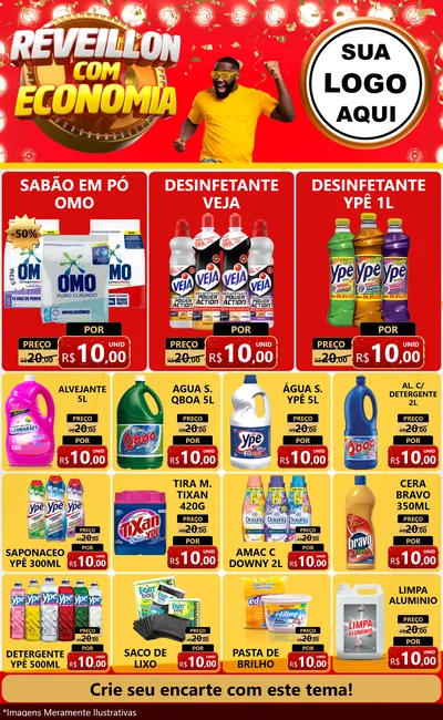 Modelo de Encarte para Encarte Grande com o tema Réveillon com Economia para Produtos de Limpeza