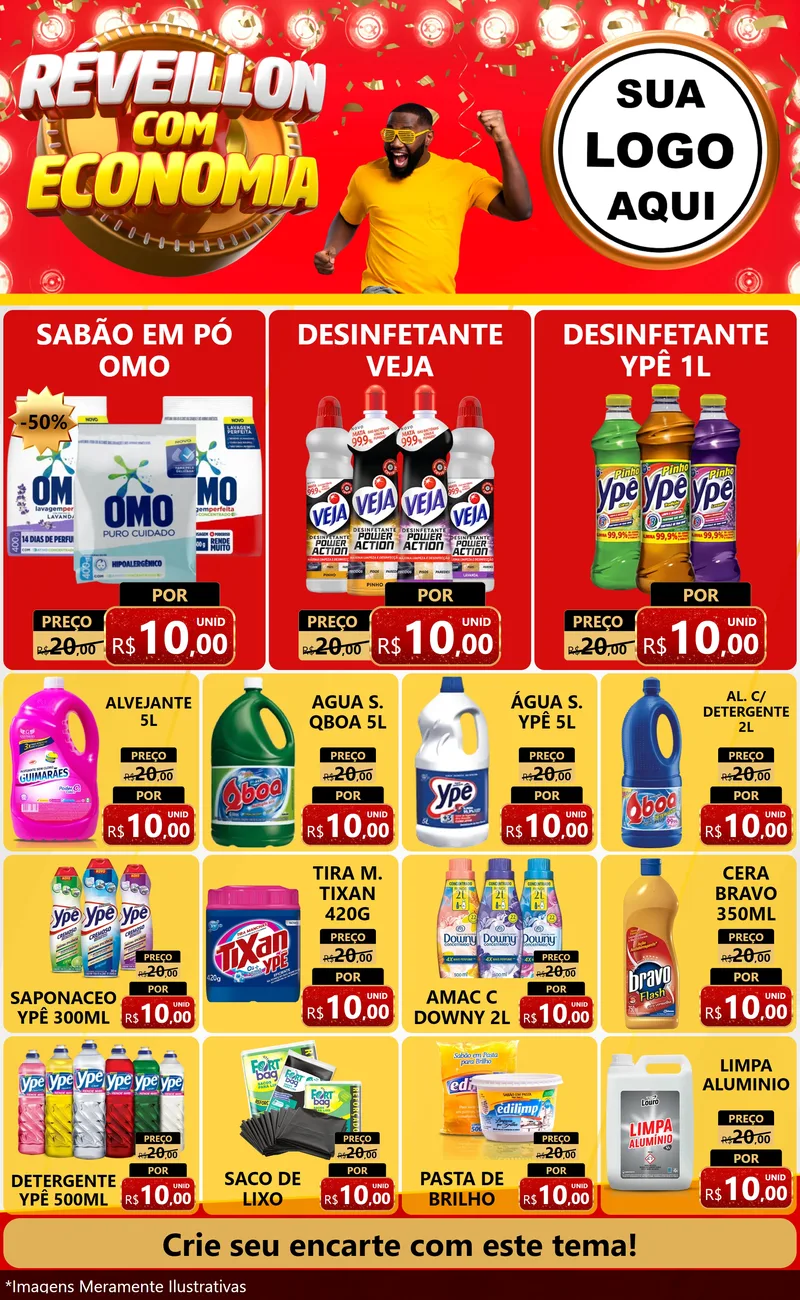 Modelo de Encarte para Encarte Grande com o tema Réveillon com Economia para Produtos de Limpeza