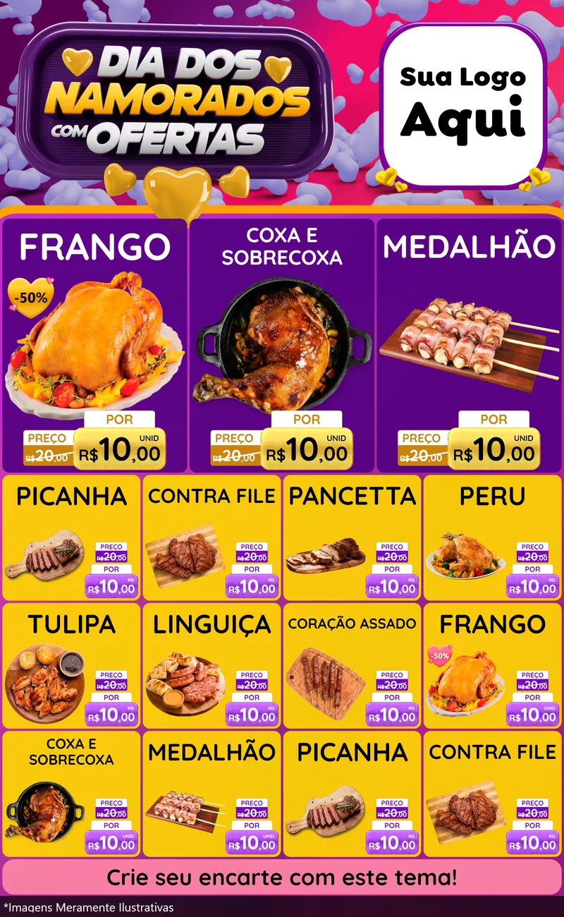 Modelo de Encarte para Encarte Grande com o tema Dia Dos Namorados Com Ofertas para Assados