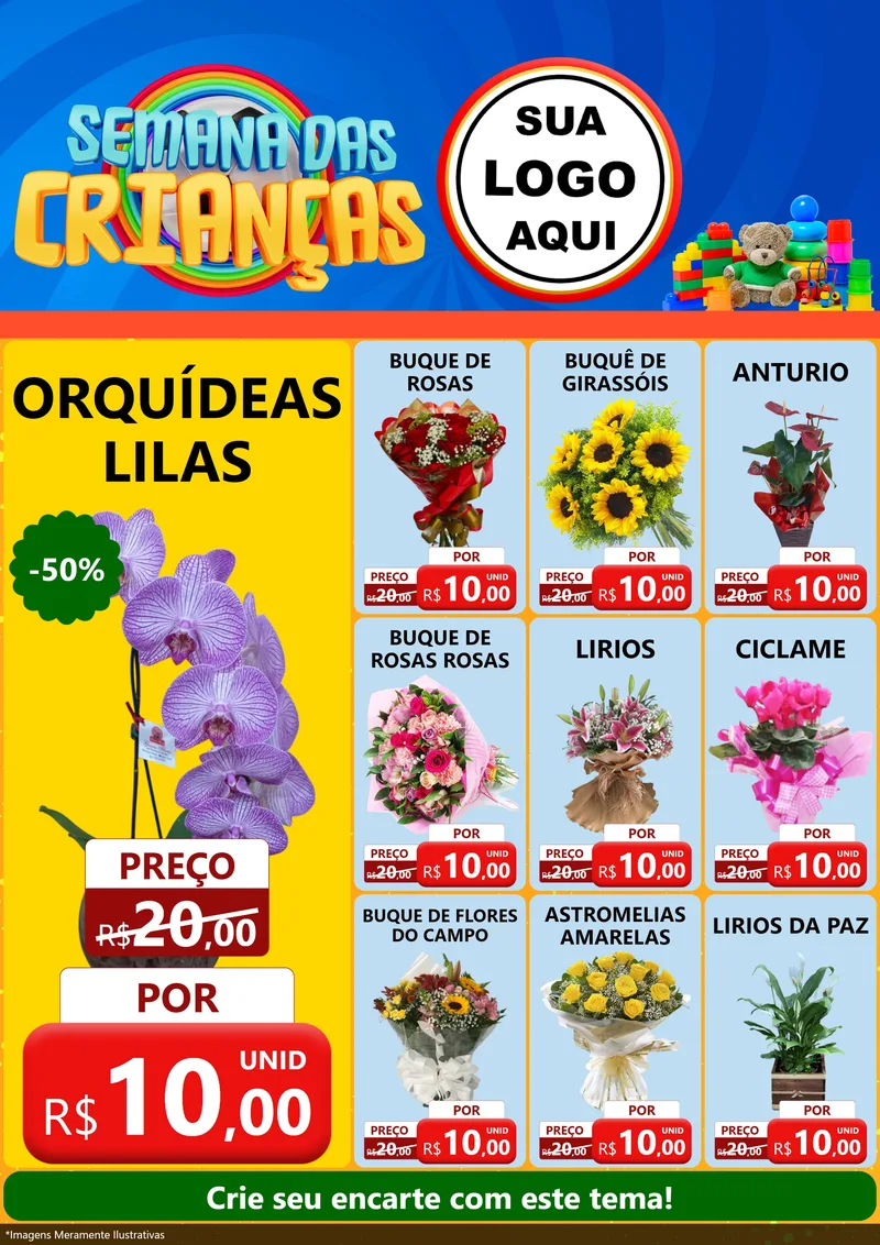 Modelo de Encarte para Encarte A4 Vertical com o tema Semana das Crianças para Floricultura e jardim