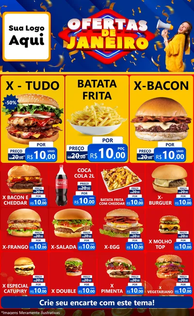 Modelo de Encarte para Encarte Grande com o tema Ofertas de Janeiro para Hamburgueria