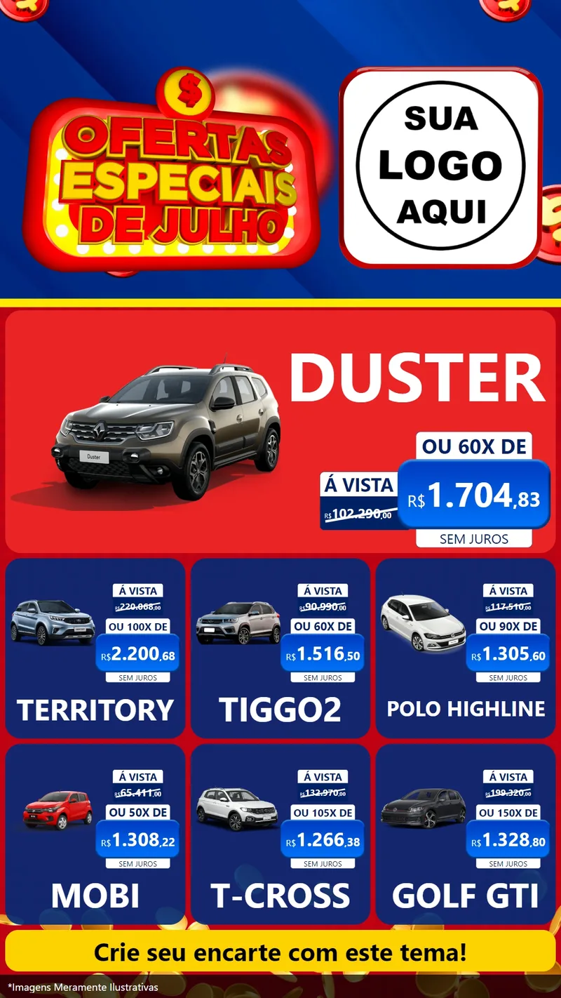 Modelo de Rede Social para Stories com o tema Ofertas Especiais de Julho para Concessionaria de Carros