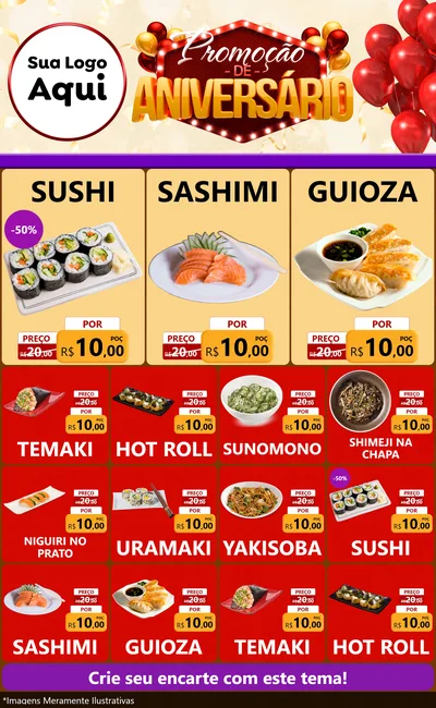 Modelo de Encarte para Encarte Grande com o tema Promoção de Aniversário para Comida japonesa