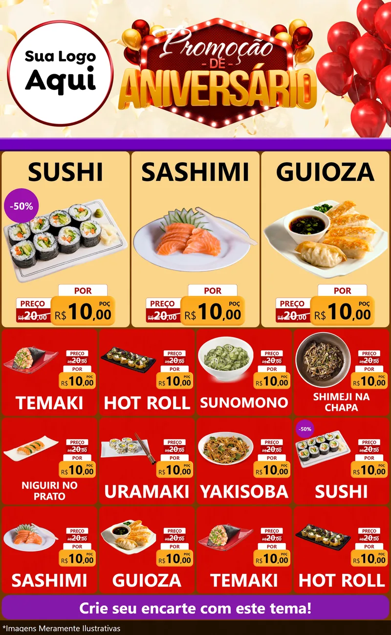 Modelo de Encarte para Encarte Grande com o tema Promoção de Aniversário para Comida japonesa
