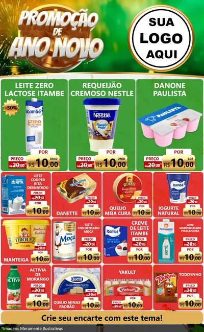 Modelo de Encarte para Encarte Grande com o tema Promoção de Ano Novo para Frios e Laticínios