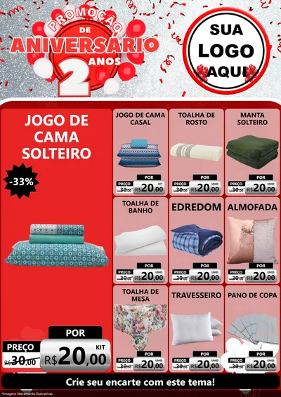 Modelo de Encarte para Encarte A4 Vertical com o tema Promoção de Aniversário - 2 Anos para Cama, Mesa e Banho