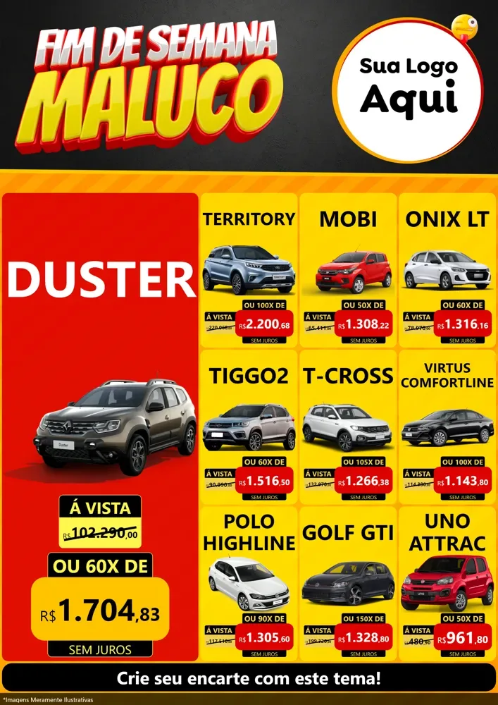 Modelo de Encarte para Encarte A4 Vertical com o tema Final de Semana Maluco para Concessionaria de Carros
