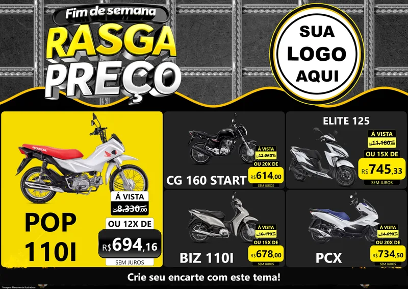 Modelo de Encarte para Encarte A4 Horizontal com o tema Fim de Semana Rasga Preço para Concessionaria de Motos