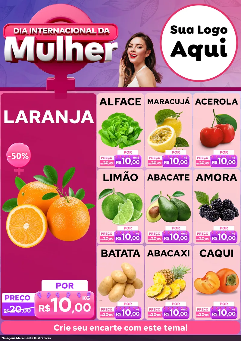 Modelo de Encarte para Encarte A4 Vertical com o tema Dia Internacional da Mulher para Hortifrúti