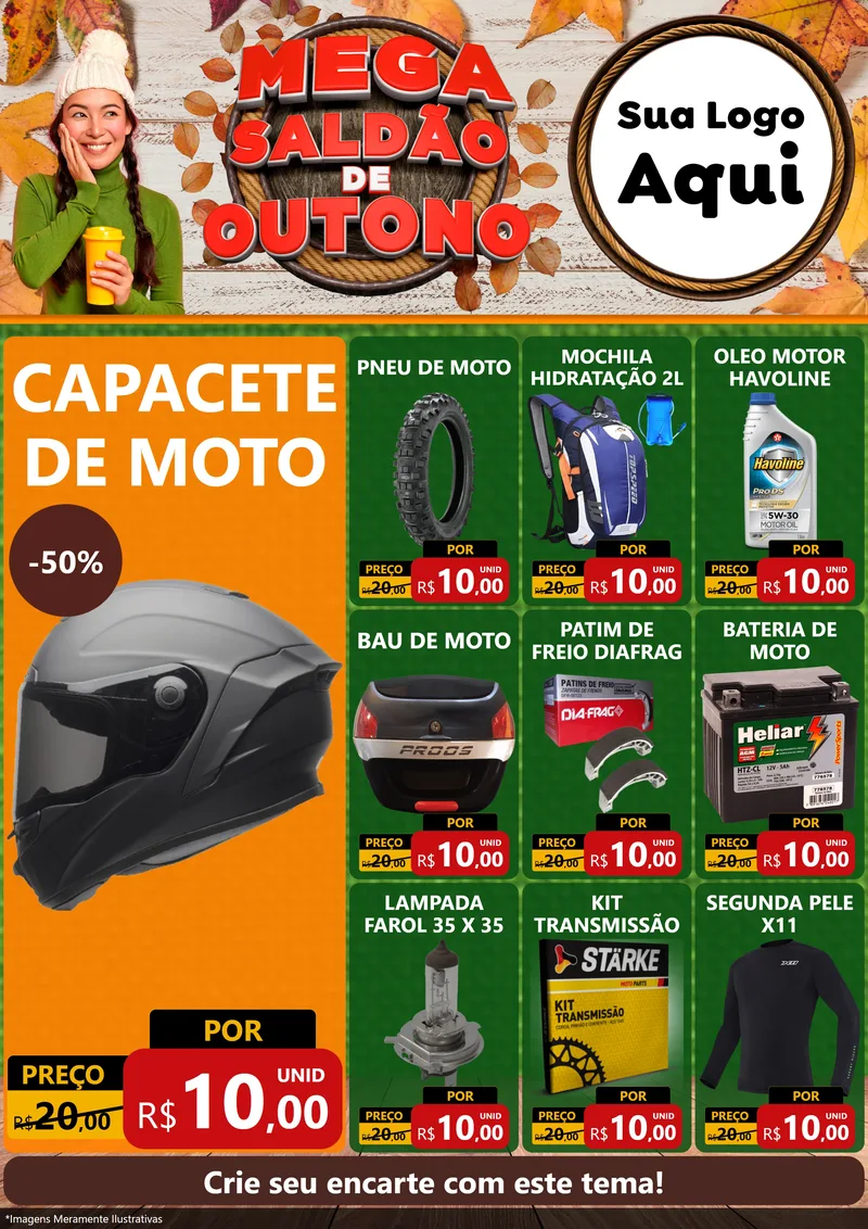 Modelo de Encarte para Encarte A4 Vertical com o tema Mega Saldão de Outono para Moto peças