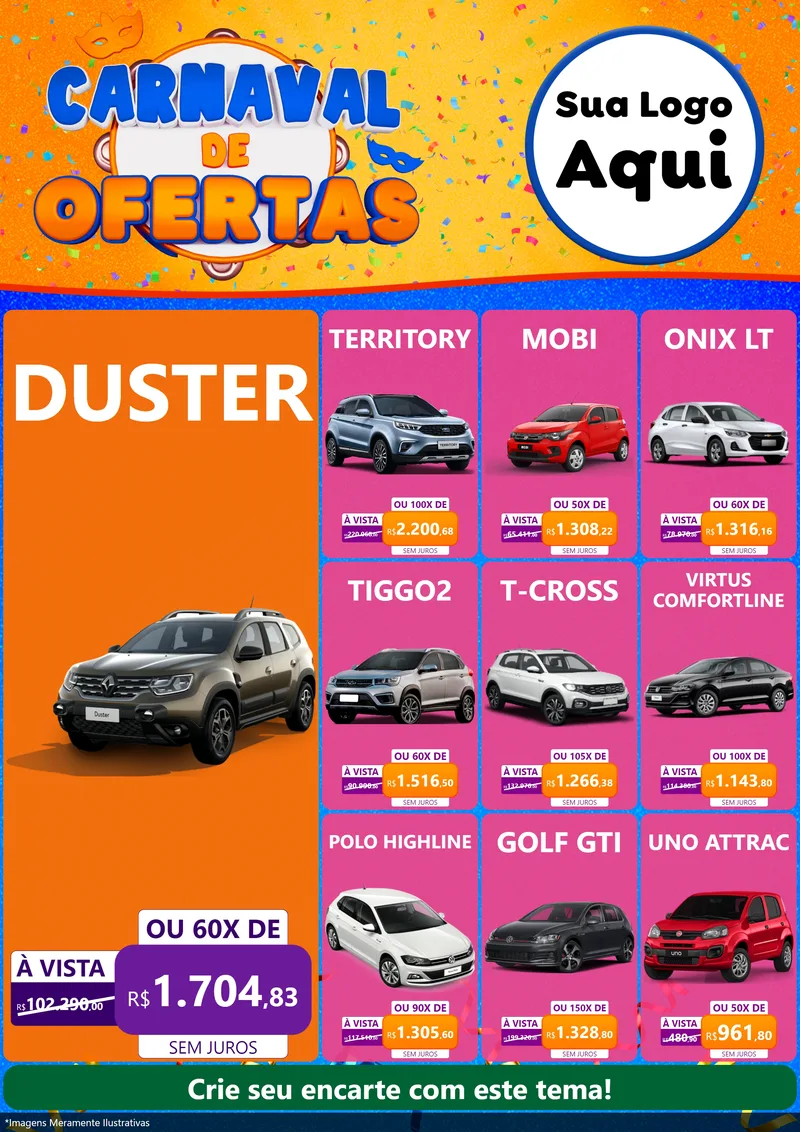 Modelo de Encarte para Encarte A4 Vertical com o tema Carnaval de Ofertas para Concessionaria de Carros