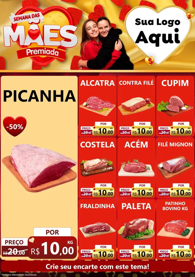 Modelo de Encarte para Encarte A4 Vertical com o tema Semana das Mães Premiada para Açougue