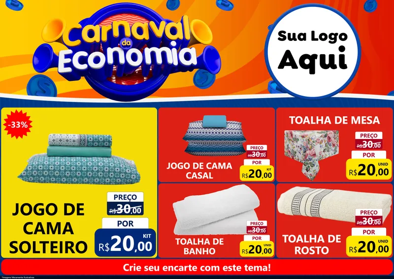 Modelo de Encarte para Encarte A4 Horizontal com o tema Carnaval da Economia para Cama, Mesa e Banho