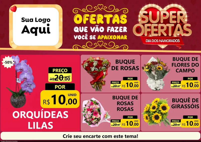 Modelo de Encarte para Encarte A4 Horizontal com o tema Dia dos Namorados para Floricultura e jardim
