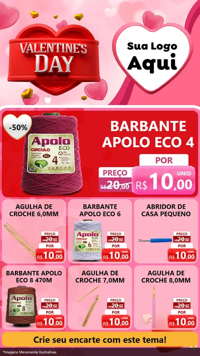 Modelo de Rede Social para Stories com o tema Valentine's Day para Armarinho e Aviamentos