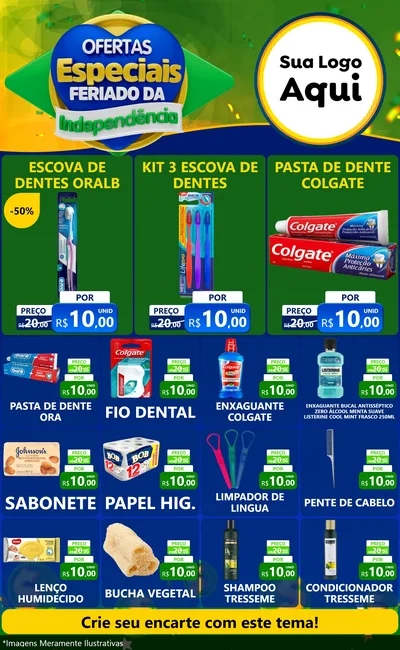 Modelo de Encarte para Encarte Grande com o tema Ofertas Especiais Feriado da Independência para Higiene Pessoal