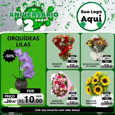 Modelo de Rede Social para Feed Facebook com o tema Promoção de Aniversário - 2 Anos para Floricultura e jardim