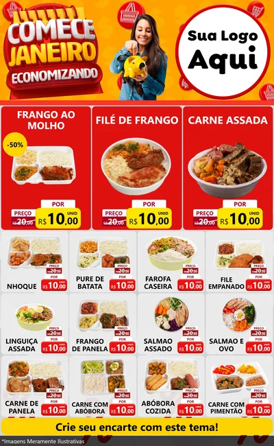 Modelo de Encarte para Encarte Grande com o tema Comece Janeiro Economizando para Restaurante