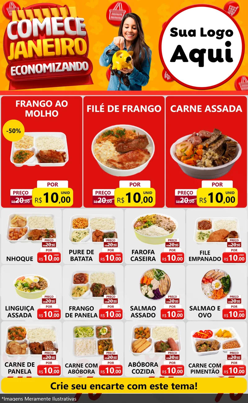 Modelo de Encarte para Encarte Grande com o tema Comece Janeiro Economizando para Restaurante