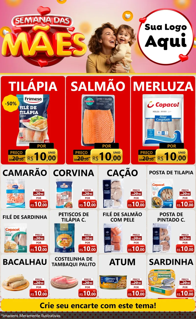 Modelo de Encarte para Encarte Grande com o tema Semana das Mães para Peixaria