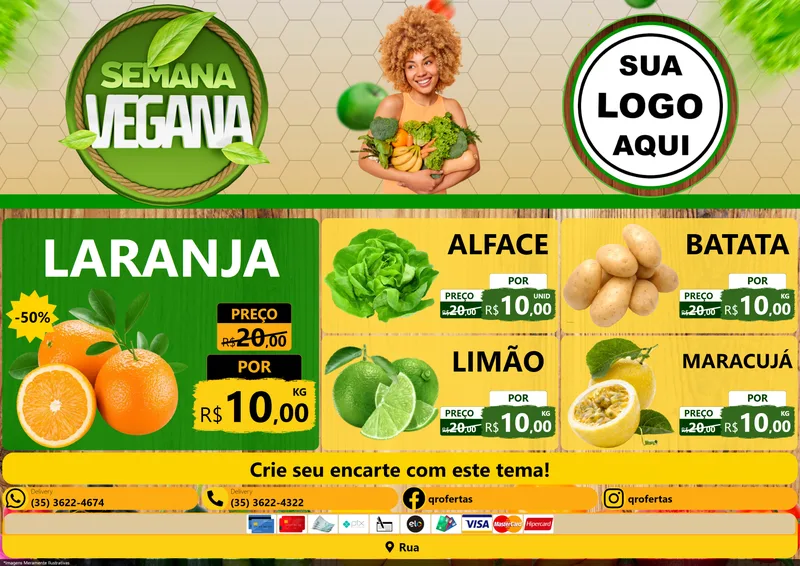 Modelo de Encarte para Encarte A4 Horizontal com o tema Semana Vegana para Hortifrúti