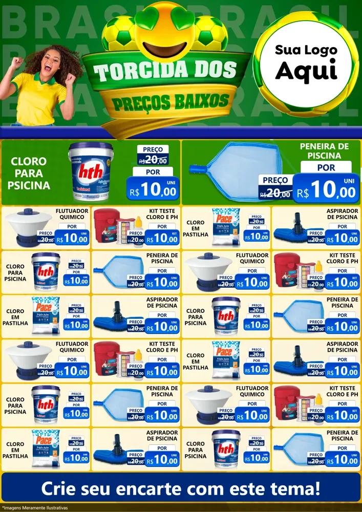 Modelo de Encarte para Encarte A4 Vertical com o tema Torcida dos Preços Baixos - Copa para Produtos para Piscina
