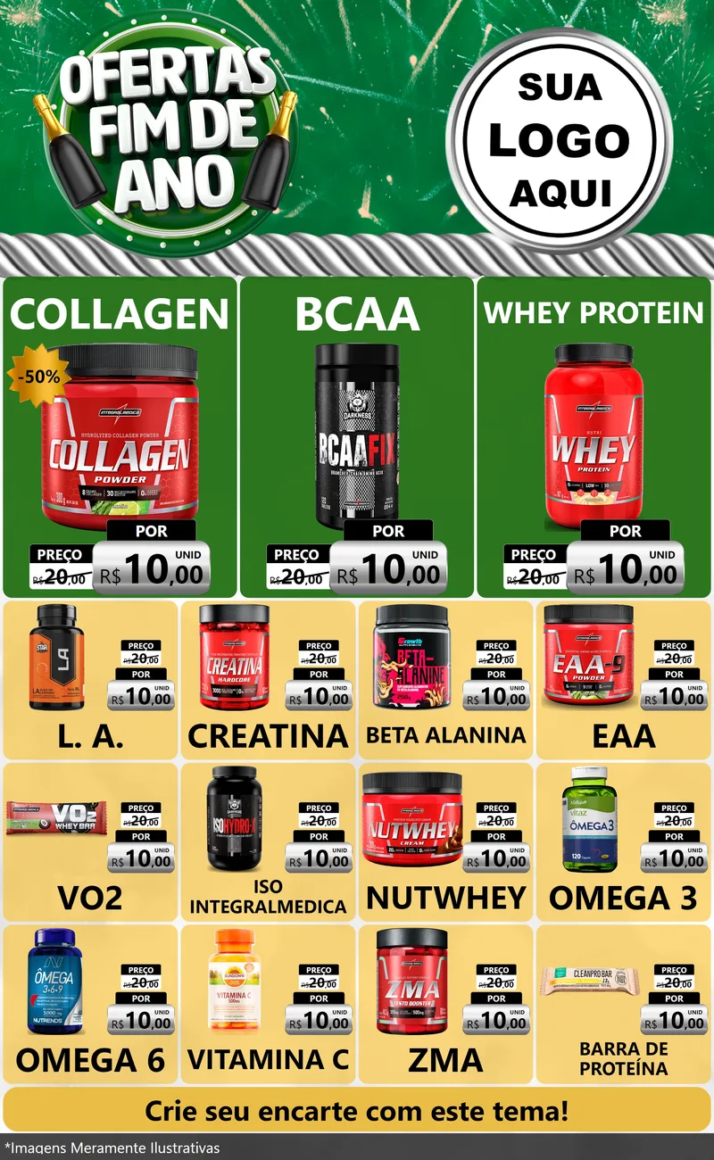 Modelo de Encarte para Encarte Grande com o tema Ofertas Fim de Ano para Suplementos alimentares