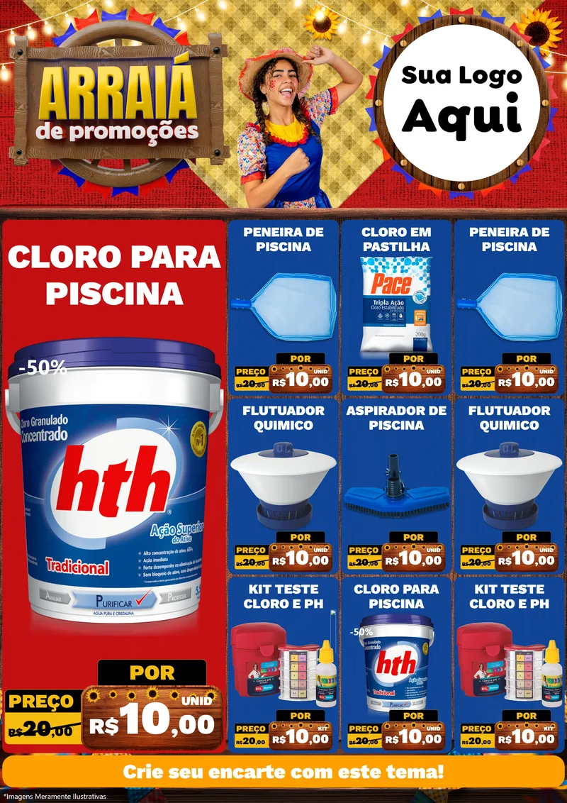 Modelo de Encarte para Encarte A4 Vertical com o tema Arraiá de Promoções para Produtos para Piscina