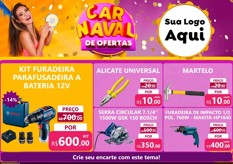 Modelo de Encarte para Encarte A4 Horizontal com o tema Carnaval de Ofertas para Maquinas e Ferramentas