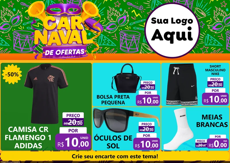 Modelo de Encarte para Encarte A4 Horizontal com o tema Carnaval de Ofertas para Roupas e acessórios