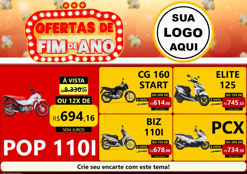 Modelo de Encarte para Encarte A4 Horizontal com o tema Ofertas de Fim de Ano para Concessionaria de Motos