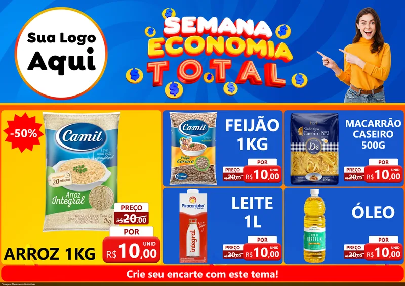 Modelo de Encarte para Encarte A4 Horizontal com o tema Semana Economia Total para Supermercado