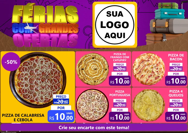 Modelo de Encarte para Encarte A4 Horizontal com o tema Férias com Grandes Ofertas para Pizzaria