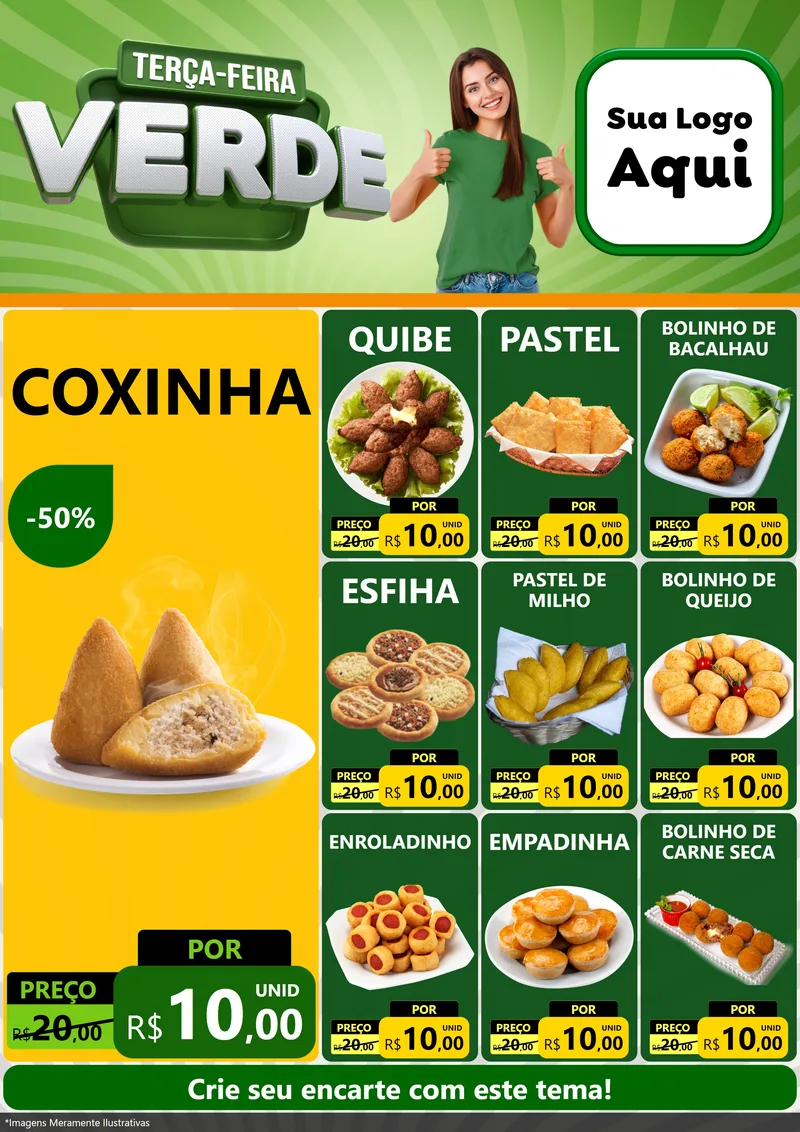 Modelo de Encarte para Encarte A4 Vertical com o tema Terça - Feira Verde para Salgadaria