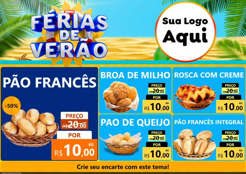 Modelo de Encarte para Encarte A4 Horizontal com o tema Férias de Verão para Padaria