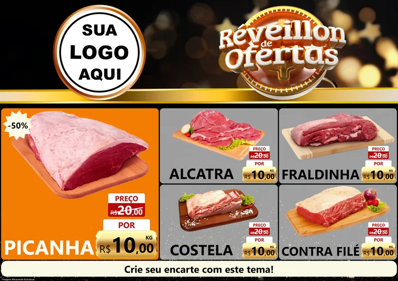 Modelo de Encarte para Encarte A4 Horizontal com o tema Réveillon de Ofertas para Açougue