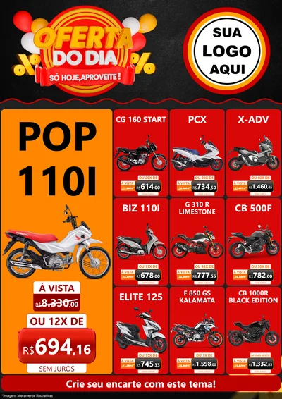Modelo de Encarte para Encarte A4 Vertical com o tema Oferta do Dia - Só hoje, Aproveite! para Concessionaria de Motos