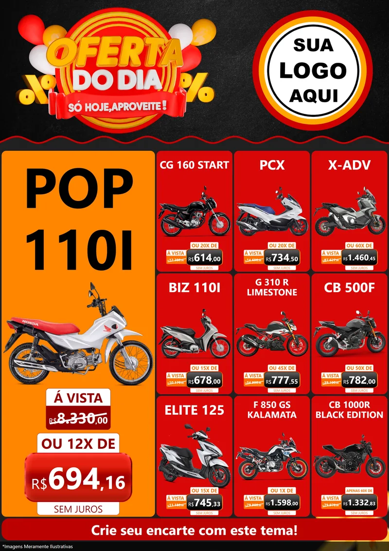 Modelo de Encarte para Encarte A4 Vertical com o tema Oferta do Dia - Só hoje, Aproveite! para Concessionaria de Motos