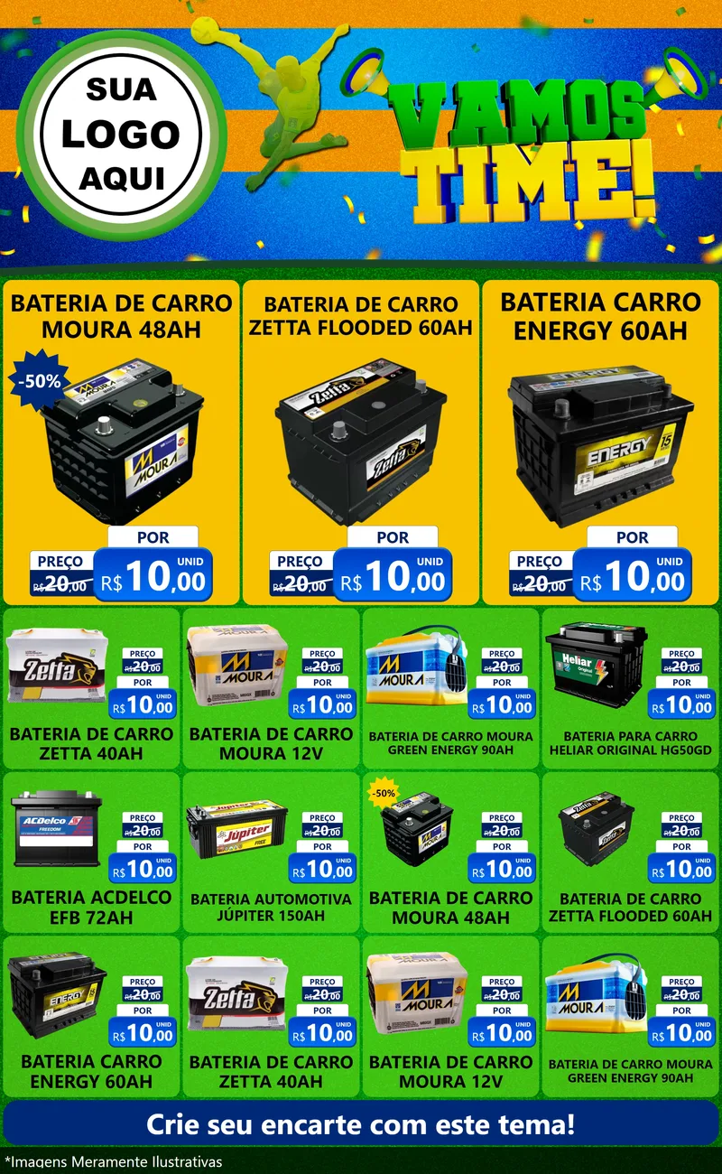 Modelo de Encarte para Encarte Grande com o tema Vamos Time! para Baterias Elétricas