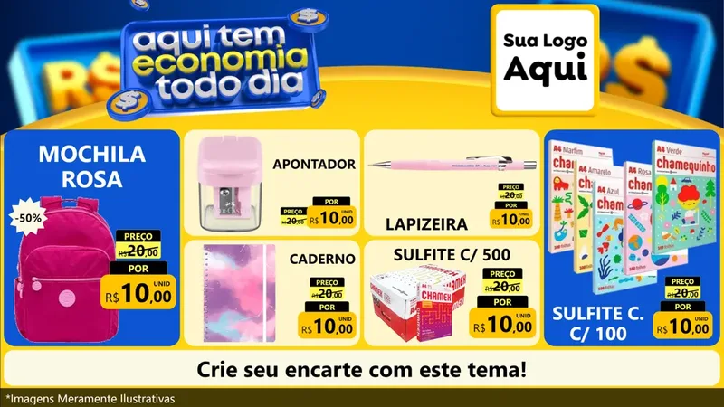 Modelo de TV para TV Horizontal com o tema Aqui Tem Economia Todo Dia para Papelaria