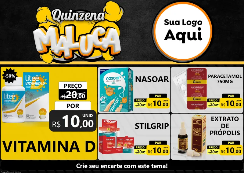 Modelo de Encarte para Encarte A4 Horizontal com o tema Quinzena Maluca para Farmácia